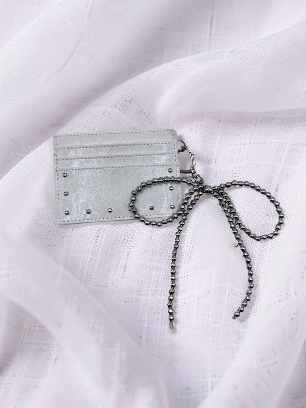 White Faux Leather Card Holder Wallet w/ Bow Charm Keychain